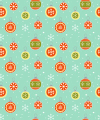 Winter celebration seamless background with decoration christmas ball and snowflakes. Vector illustration. Vector illustration