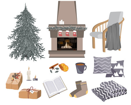 Vector cozy winter set with fireplace, chair, gifts, pillows, and other hygge things. Warming objects illustration. Items for cold season isolated on white background