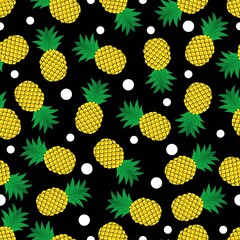 Pineapple and White Dot Seamless Pattern. Black Background. Vector Design Illustration.