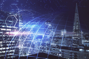Map and data theme hologram on city view with skyscrapers background double exposure. International technology in business concept.