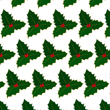 pattern with white background, green holly with red berries
