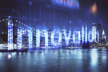 Data theme hologram drawing on city view with skyscrapers background multi exposure. Ai concept.