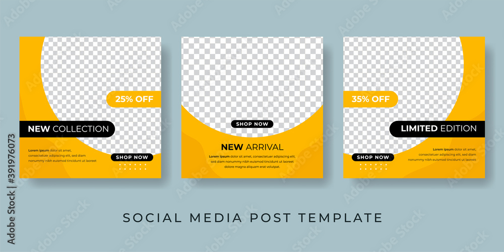 Poster set of editable minimal square banner template. black and yellow background color with stripe line s