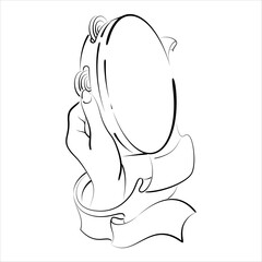 Hand holds tambourine engraving vector illustration. Hand draw style imitation. Hand playing tambourine with ribbons vector illustration