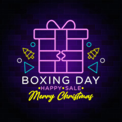 Boxing day. Happy new year. Merry Christmas neon sign - gift box icon 