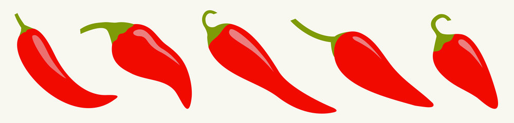 Chili hot pepper icon set line. Red chilli cayenne peppers. Vegetable collection. Flat design. White background. Isolated. - obrazy, fototapety, plakaty