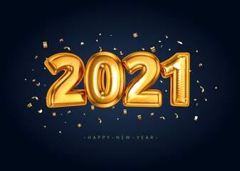 Happy New Year 2021 Banner with Golden Luxury Balloon Foil Text Gold Glowing Numbers isoalted on dark black background with confetti