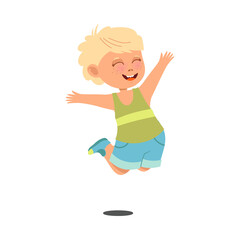 Funny Boy with Freckles Wearing Shorts Jumping with Joy and Excitement Vector Illustration