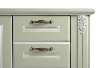 vintage chest of drawers in classic style with carved elements olive color on a white background