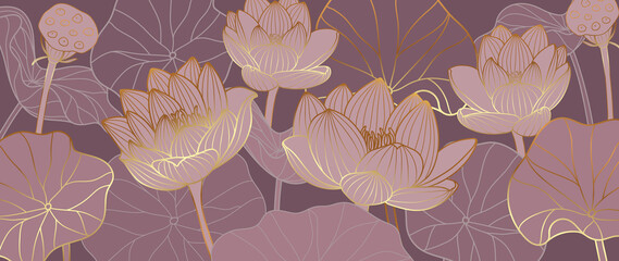 Luxueus ontwerp als achtergrond met gouden lotusbloem. Lotusbloemen lijnkunstontwerp voor behang, natuurlijke muurkunst, banner, prenten, uitnodiging en verpakkingsontwerp. vectorillustratie.