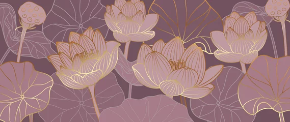 Selbstklebende Fototapete Für Sie Luxuriöses Hintergrunddesign mit goldenem Lotus. Lotusblumen-Liniendesign für Tapeten, natürliche Wandkunst, Banner, Drucke, Einladungs- und Verpackungsdesign. Vektor-Illustration.