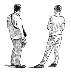 Sketch of couple young people standing outdoors on summer day