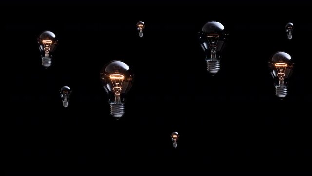 Taking idea from creative universe. Bunch of light bulbs hovers and shines on black background. New idea concept. 