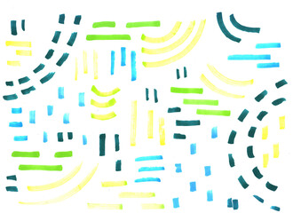 lines, shelves, strokes in blue, green and yellow, drawing with markers on a white background, freehand abstract background with live materials