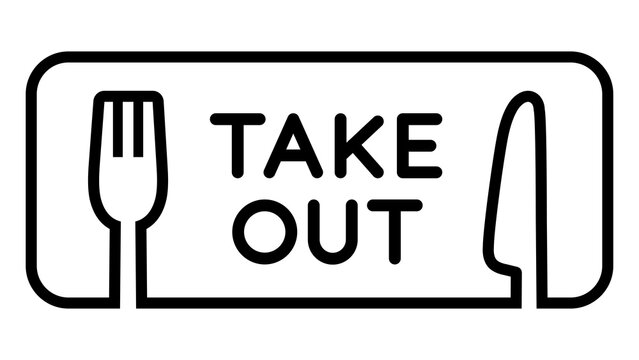 Fork and knife, rectangular takeout icon. black and white