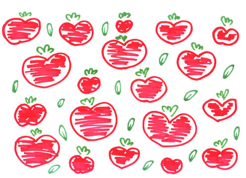 funny red tomatoes in the shape of hearts with green leaves, drawing with markers, freehand abstract background with live materials on a white background