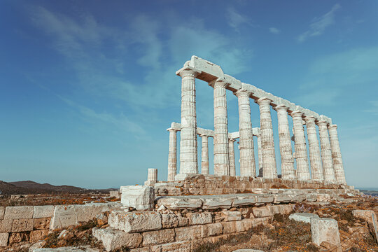 Temple of Poseidon, Greece cape Sunion. Ancient ruins and landmarks. Outdoor museums and sightseeing. Travel and country exploration.