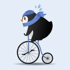 Cute cartoon penguin riding a bicycle with blue scarf. Print t shirt design. Vector illustration EPS10