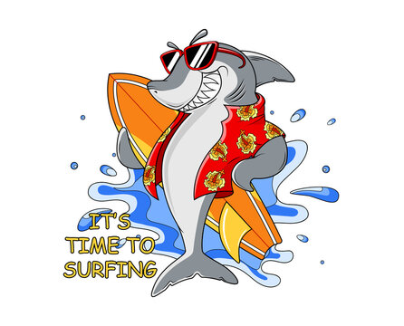 Cool shark with surfing board and water splashes for t-shirt prints, posters and other uses. 
