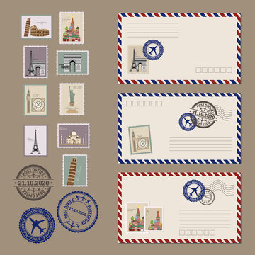 Post card and envelope set. Vintage postcard designs, envelopes and stamps. Realistic old postcard.