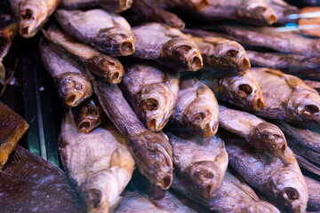 dried fish chekhon on the counter of the store