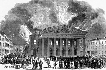 Burning of the Theatre of La Monnaie at Brussels, Belgium. 1855. Antique illustration. 1867.