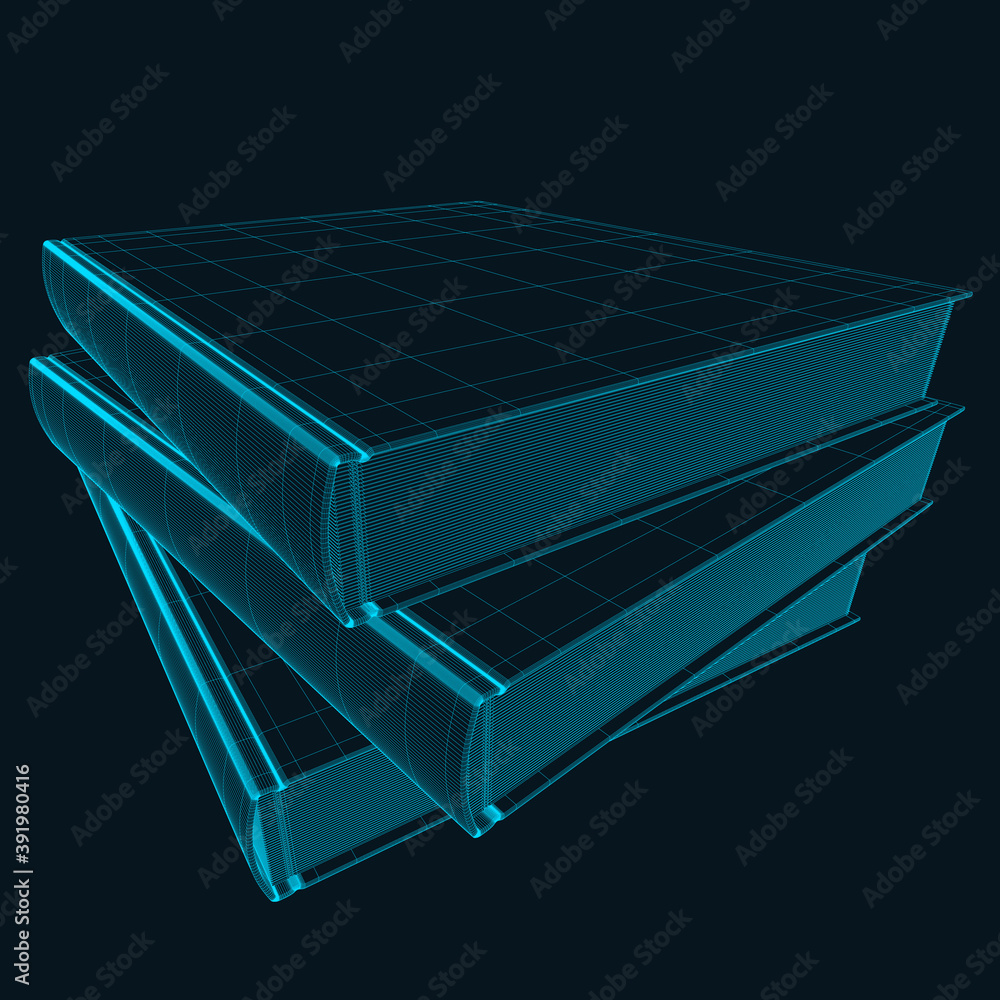 Poster wireframe of a stack of three books from blue lines on a dark background. 3d. vector illustration