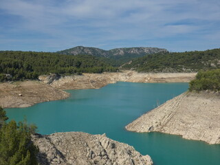 Magnificent provencal landscape with the Bimont lake and its turquoise blue water in Provence near...