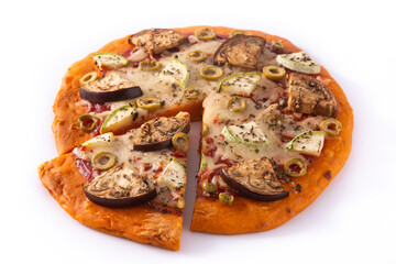 Autumn pumpkin pizza with vegetables isolated on white background