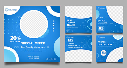 Dentist social media post templates. Medical promotion square web banner. Special offer banner. Sale and discount backgrounds. Vector illustration.