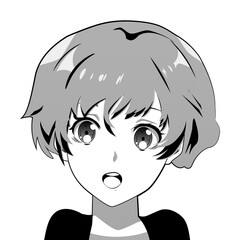 Vector cartoon anime characters. Anime girl in japanese. Anime style, drawn vector illustration. Sketch. Manga style. Black and White.