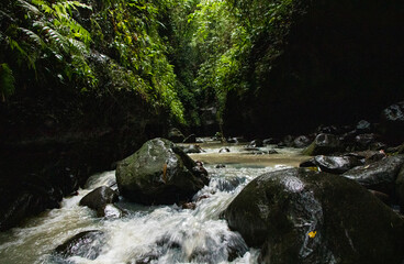 Close-up of Water Cascading between Smooth Rocks in Stream in Lush Tropical Jungle - Mabalacat, Pampanga , Luzon, Philippines