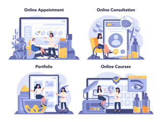 Cosmetologist online service or platform set. Young woman