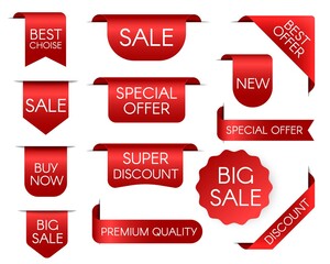 Tag price. Sale bookmark. Vector promotion red ribbons. Special offer or super discount sticker set.