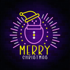 Snowman neon icon  with merry Christmas sign 