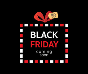 A promotional graphic design template for an upcoming Black Friday 2024 sale featuring a red ribbon with a Big Sale tag and bold red, white, and black text on a dark background.	