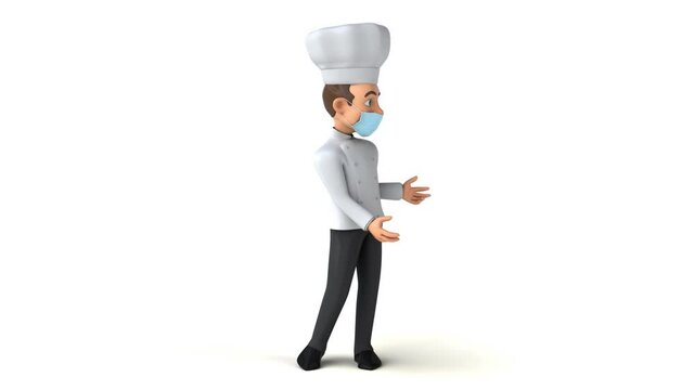 Fun 3D cartoon chef with a mask walking and presenting