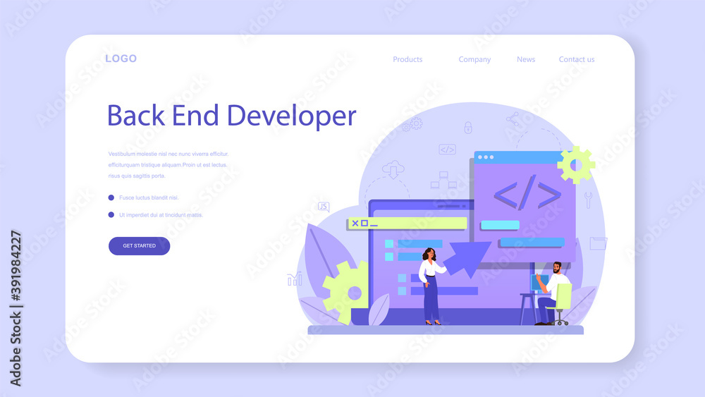 Poster back end development web banner or landing page. software development