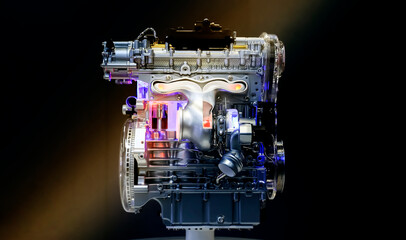 High tech petrol-electric hybrid engine close-up