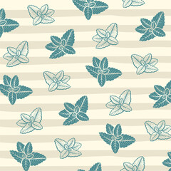 Mint hand sketch vector illustration seamless texture. Peppermint engraved drawing of menthol leaves isolated on modern background.