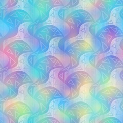 Fototapeta premium Holographic foil vivid trendy seamless geometric pattern. Opalescent psychedelic design in pastel rainbow colors. Cosmic futuristic iridescent graphic swatch.