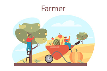 Farmer concept. Farm worker on the field, watering plants and feeding