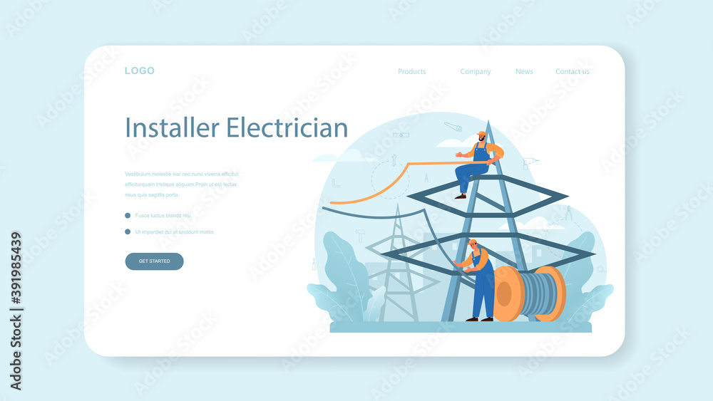 Aufkleber installer web banner or landing page. worker in uniform installing constructions