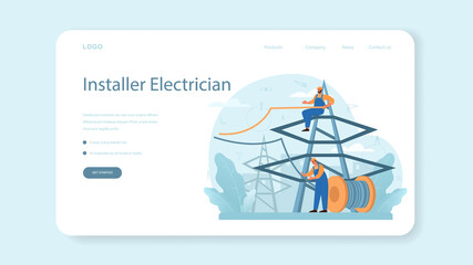 Installer web banner or landing page. Worker in uniform installing constructions