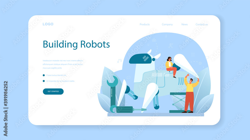 Poster roboticist web banner or landing page. robotic engineering