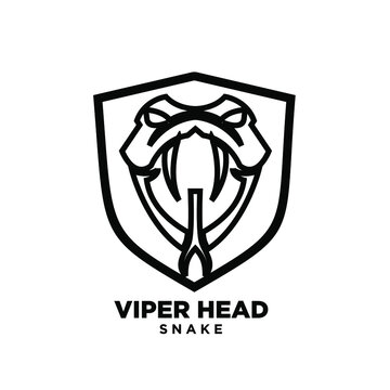 simplified viper snake head with big fangs and shield line outline logo icon design isolated background