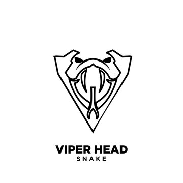 simplified viper snake head with big fangs and initial letter v line outline logo icon design isolated background