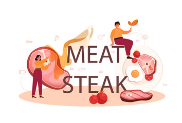Meat steak typographic header. People cooking tasty grilled meat