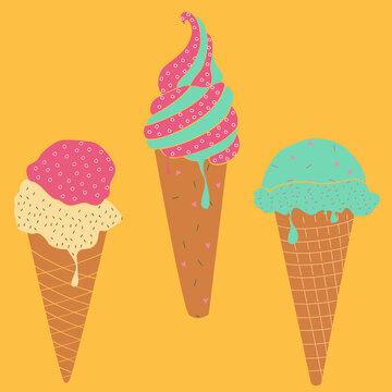 Ice cream vector illustration, set of gelato in cones isolated on yellow background. Cafe menu pictures