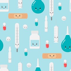Medicines pattern with cute kawaii face and different emotions. Children hospital clip art, stickers. Isolated on blue background.